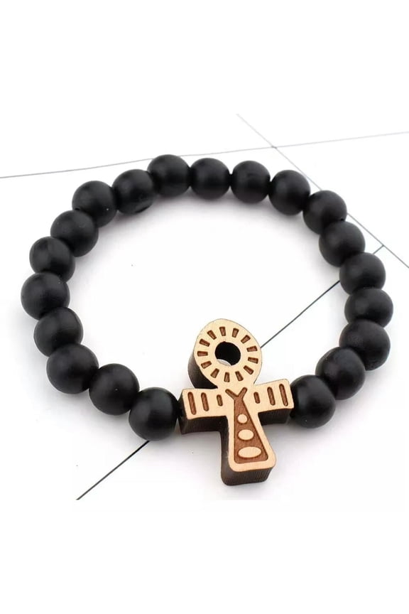 Egyptian Ankh Cross Bracelet Black Wooden Beaded Bangle 7.5" Men's Jewelry Gift