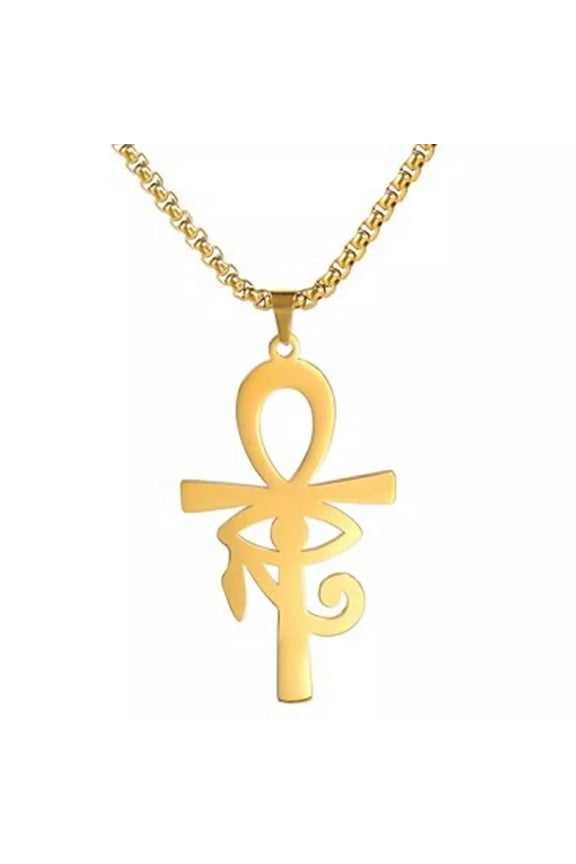 Egyptian Ankh Necklace Gold Stainless Steel Eye of Ra Aunk Amulet & Chain