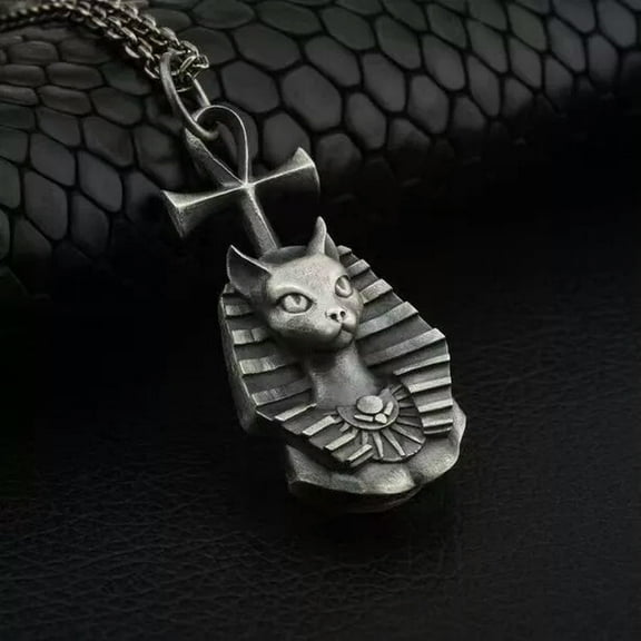 MATROOY Egyptian Goddess Bastet Cat Ankh Pendant Necklace Punk Biker Jewelry Chain 24"
