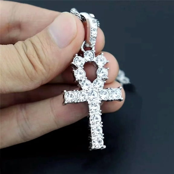 MATROOY Egyptian Silver CZ Ankh Cross Pendant Necklace Stainless Steel Iced Tennis Chain