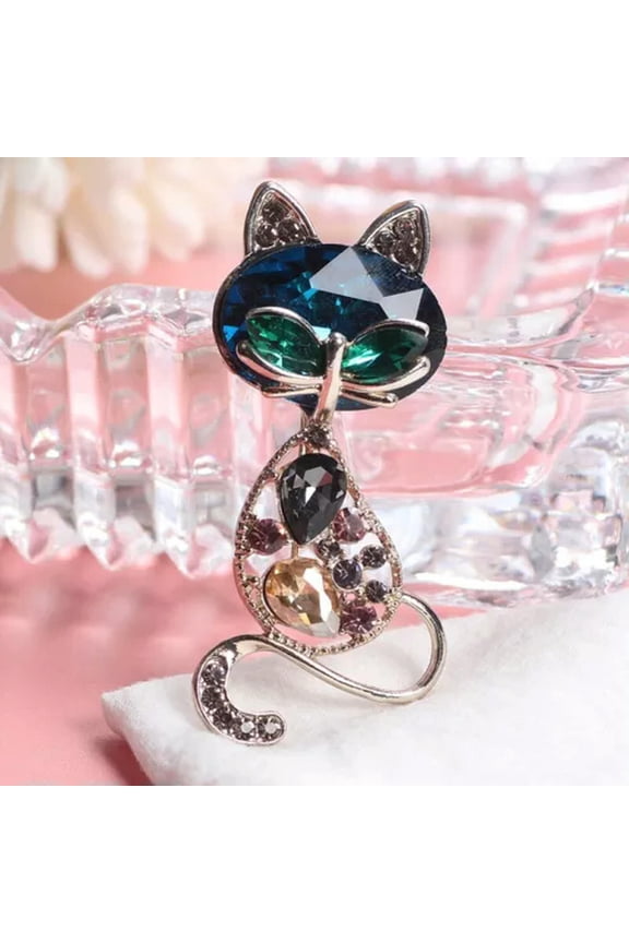 Elegant Crystal Rhinestone Cat Opal Animal Pin Iadies Suit Clothes Buckle