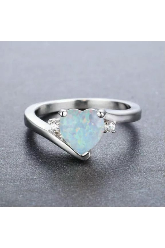 Elegant Heart Rainbow Opal Engagement Wedding Ring Size 9