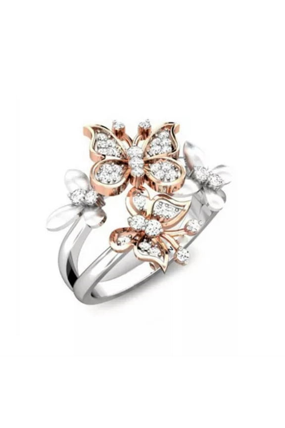 Elegant Women Tow Tone Rose Gold Cute Butterfly Ring CZ Cubic Zirconia Crystals-9