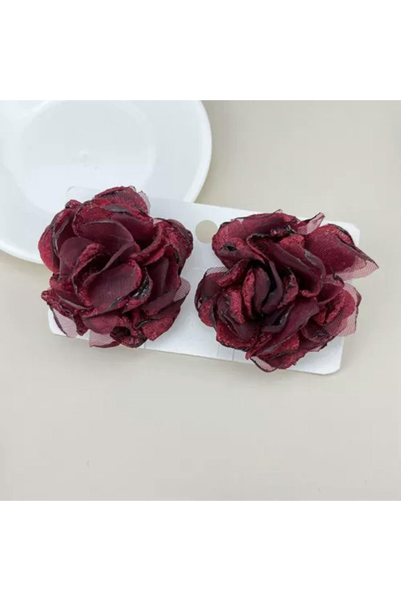 Exaggerated Large Fabric Flower Stud Earrings For Women Elegant Petal Earring-Wine red-