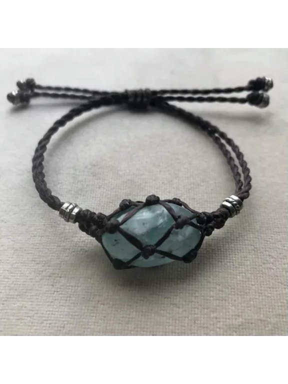 Exclude Stone- Tribal Interchangeable Macrame Pouch Stone Bag Bracelet Rope-Black - Metal Beads