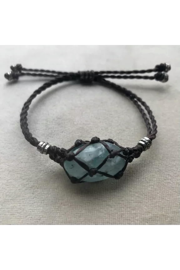 Exclude Stone- Tribal Interchangeable Macrame Pouch Stone Bag Bracelet Rope-Black - Metal Beads