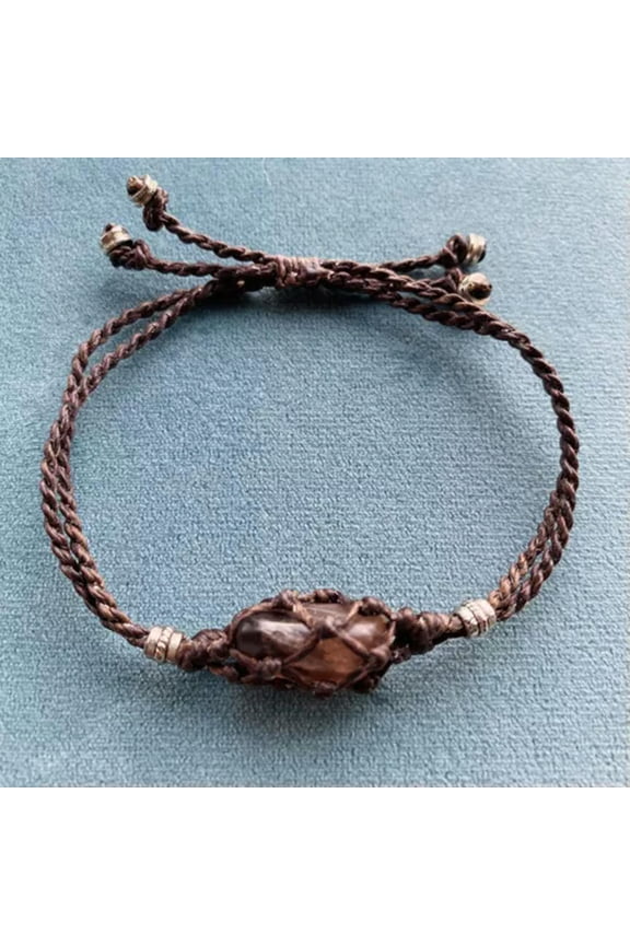 Exclude Stone- Tribal Interchangeable Macrame Pouch Stone Bag Bracelet Rope-Coffee - Metal Beads