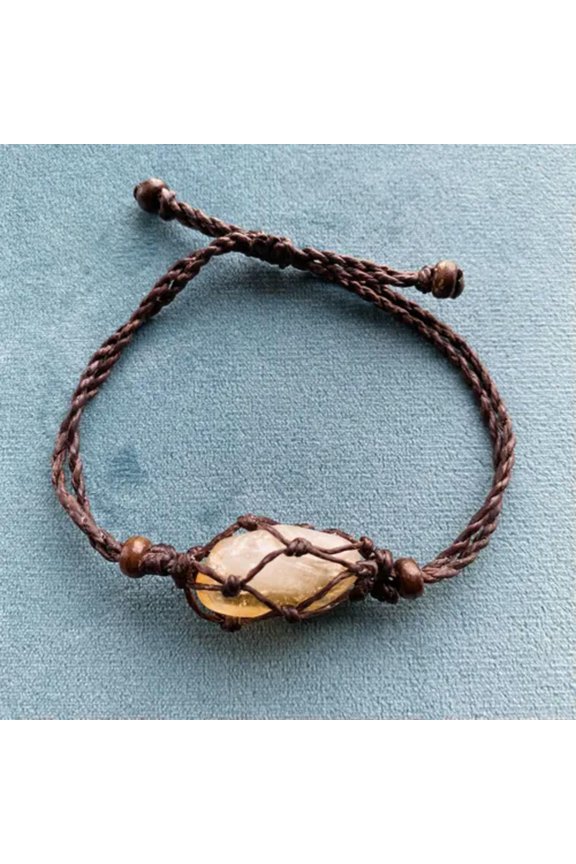 Exclude Stone- Tribal Interchangeable Macrame Pouch Stone Bag Bracelet Rope-Coffee - Wood Beads