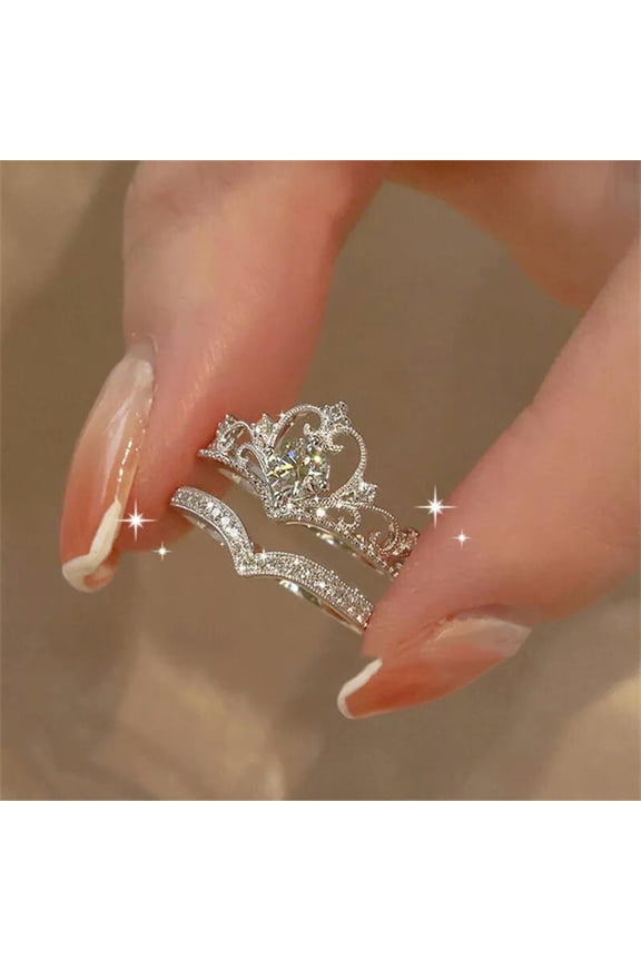Exquisite Crown Zircon Heart Shaped Ring Fashion Open Adjustable Ri WY4