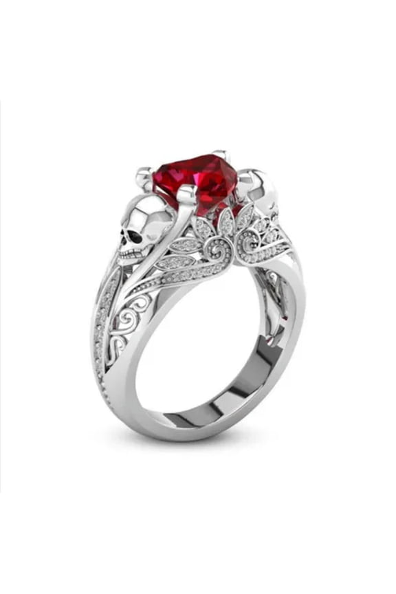 Exquisite Women's Red Crystal Zircon Skull Ring Punk Silver Jewelry Size 5-10-9