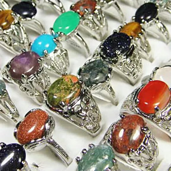 MATROOY FREE Wholesale Lots Mixed 100Pcs Big Natrual gemstone stone Silver P Rings