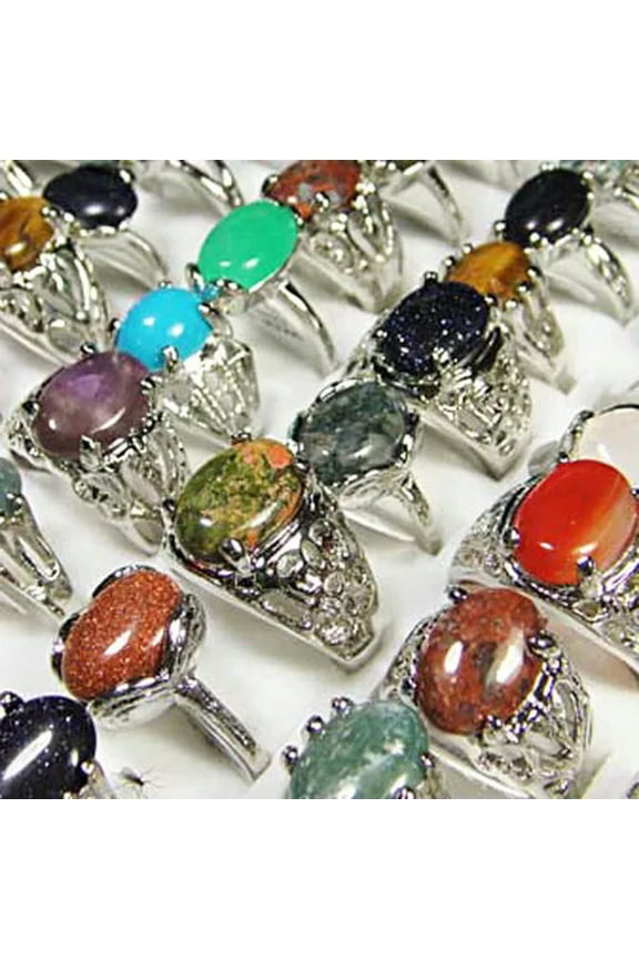 FREE Wholesale Lots Mixed 20Pcs Big Natrual gemstone stone Silver P Rings