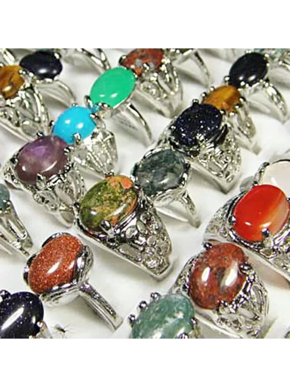 FREE Wholesale Lots Mixed 20Pcs Big Natrual gemstone stone Silver P Rings