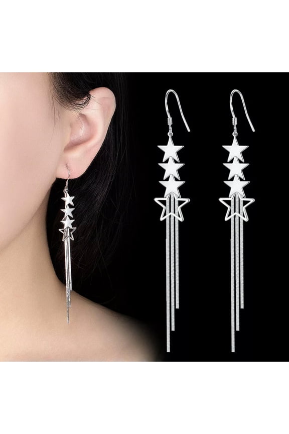 Fashion 925 Silver Tassel Earrings Women Star Dangle Drop Long Earrings