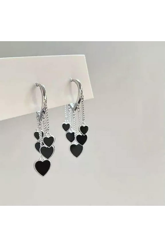 Fashion Black Heart Tassel Stud Earrings HooP Drop Dangle Women Party Jewelry-silver