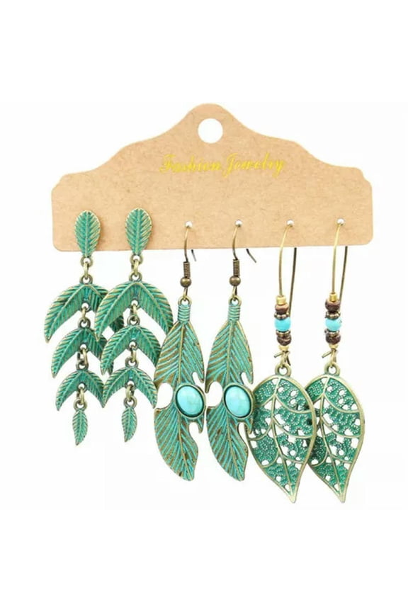 Fashion Boho Gypsy Earrings Set Women Ethnic Long Tassel Ear Hook Drop Dangle-3 Pairs Leaves