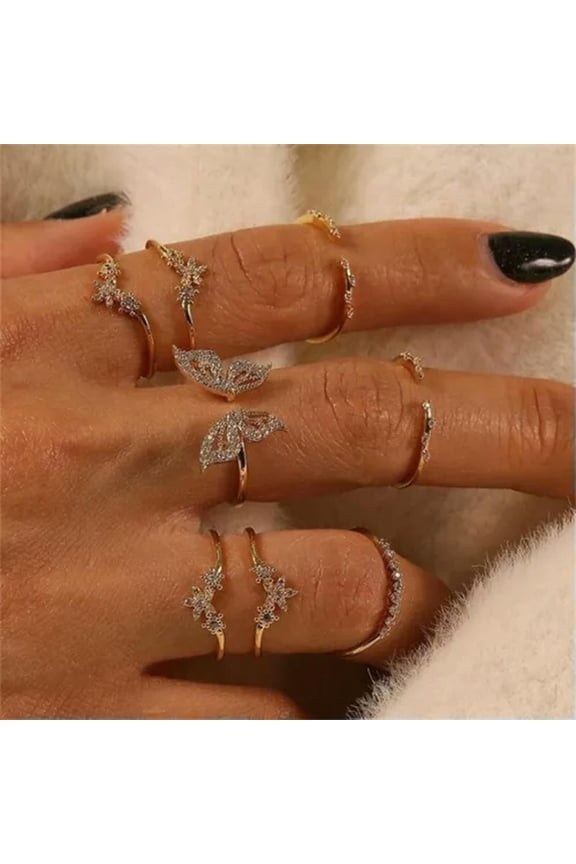 Fashion Butterfly Stack Plain Above Knuckle Ring Midi Finger Rings Set Jewellery-8pcs Crystal Butterfly