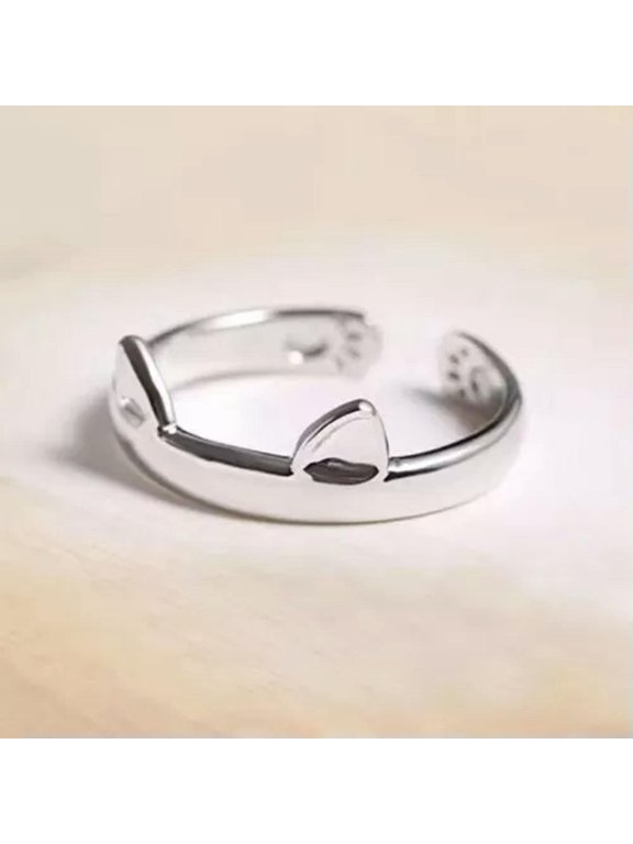 Fashion Cartoon Cat Ears Ring Minimalist Creative Opening Adjustable Ring Gifts-Silver-