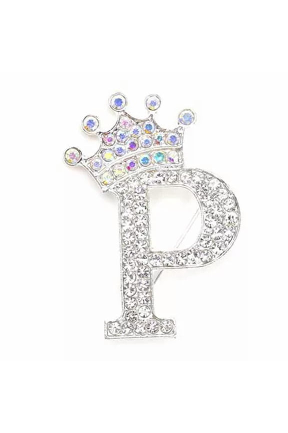 Fashion Crown 26 Initial Letters A to Z Crystal Rhinestone Brooch Pins Women-Silver-P