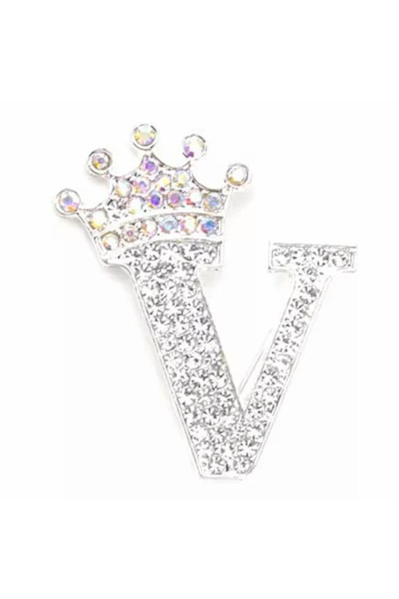 Fashion Crown 26 Initial Letters A to Z Crystal Rhinestone Brooch Pins Women-Silver-V