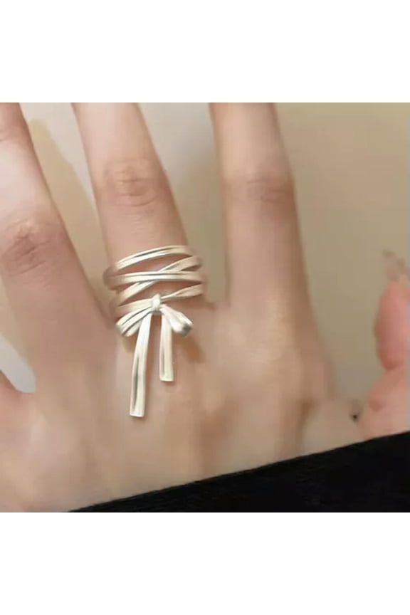 Fashion Elegant Ballet Bow Ribbon Ring For Women Light Luxury Sweet Rings-Silver-