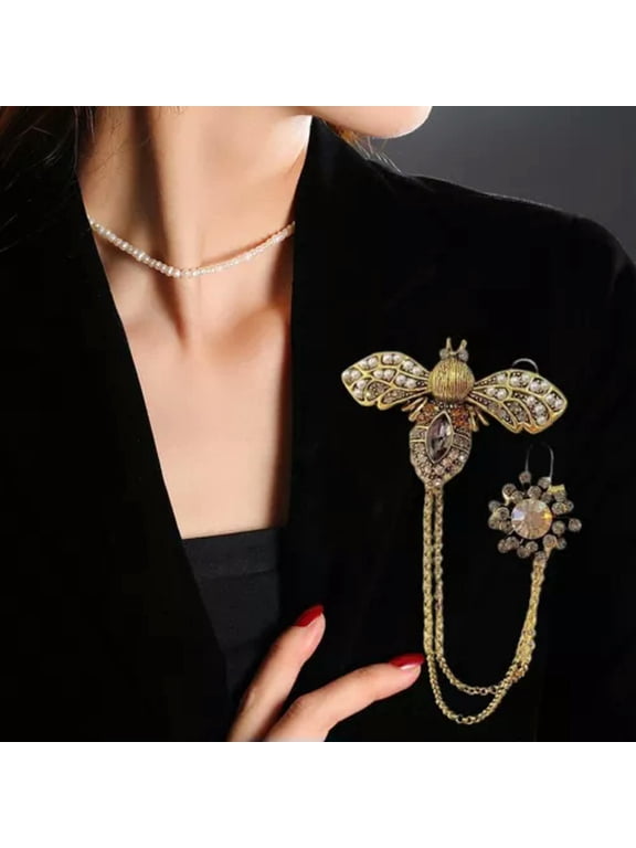 Fashion European and American Vintage Rhinestone Pearl Chain Bee Brooch Pin