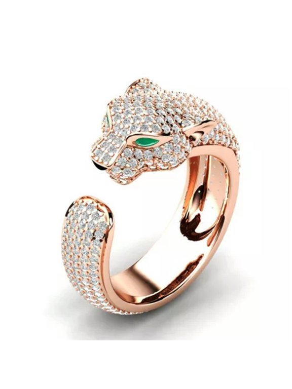 Fashion Full Crystal Inlaid Leopard Ring Opening Unisex Ring Party Jewelry Gift-Rose Gold-