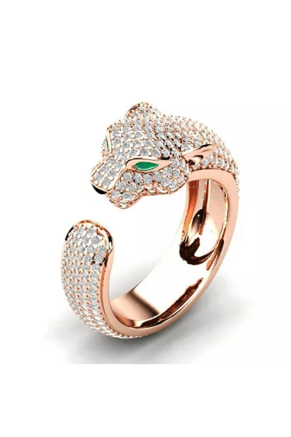 Fashion Full Crystal Inlaid Leopard Ring Opening Unisex Ring Party Jewelry Gift-Rose Gold-