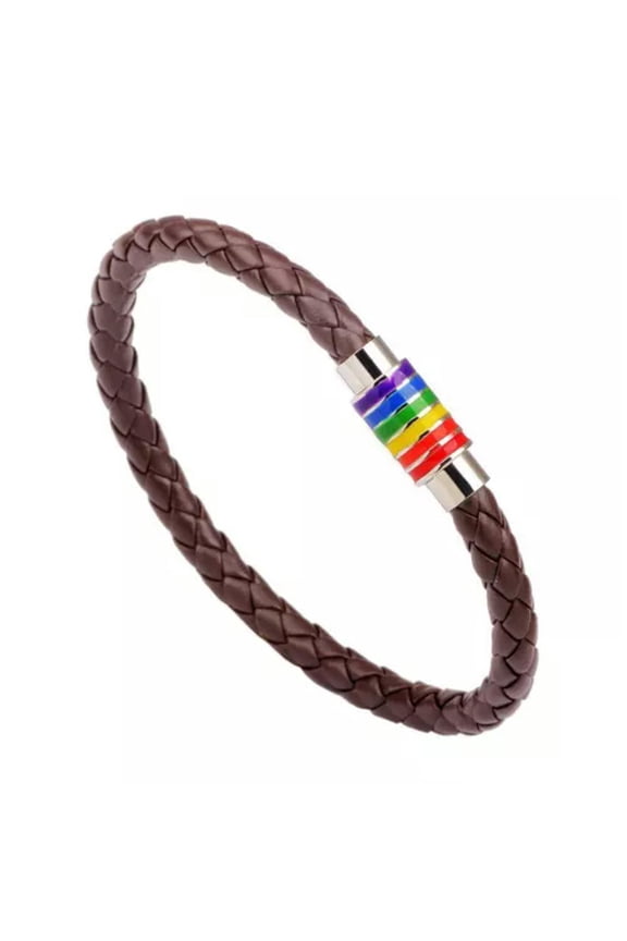 Fashion LGBT Pride Leather Bracelet Rainbow Gay Bangle Friendship Rainbow New-Coffee