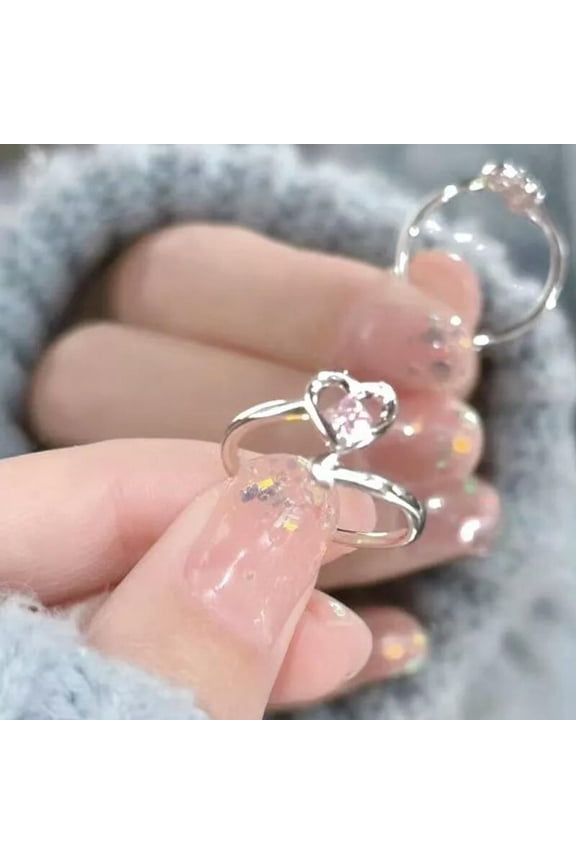 Fashion Shiny Pink Rhinestone Heart Opening Couple Rings Adjustable Finger R_tu