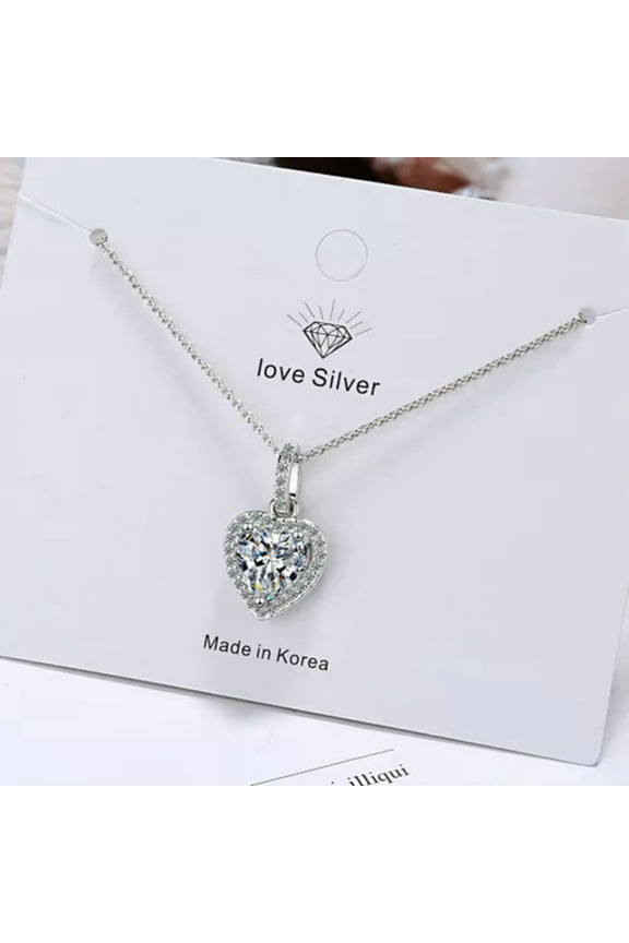 Fashion Womens 925 Sterling Silver Crystal Heart Pendant Necklace Chain Jewelry-silver