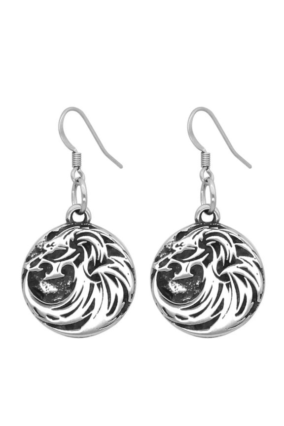 Fenrir Wolf Earrings Silver Stainless Steel Norse Wolves Dangle Drop Hook