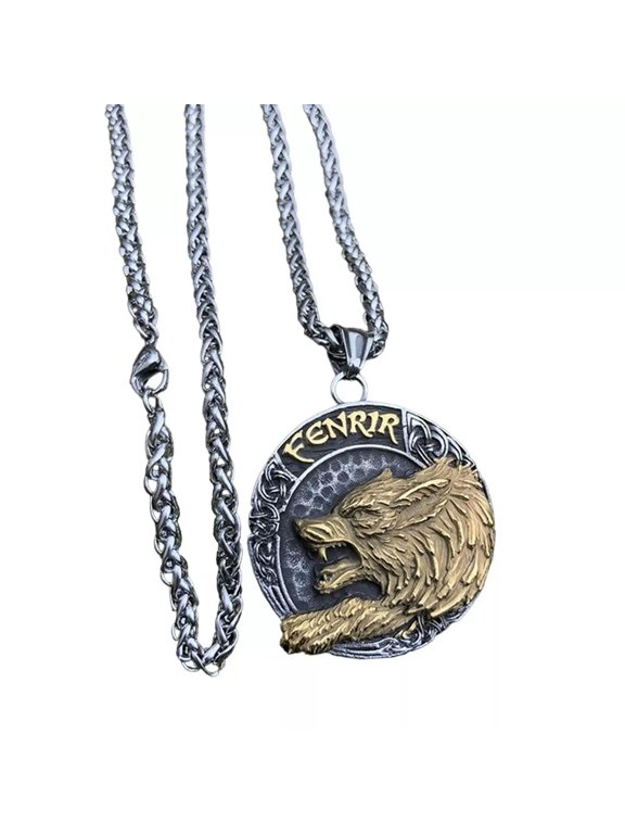 Fenrir Wolf Necklace Gold Silver Stainless Steel Helm of Awe Viking Pendant