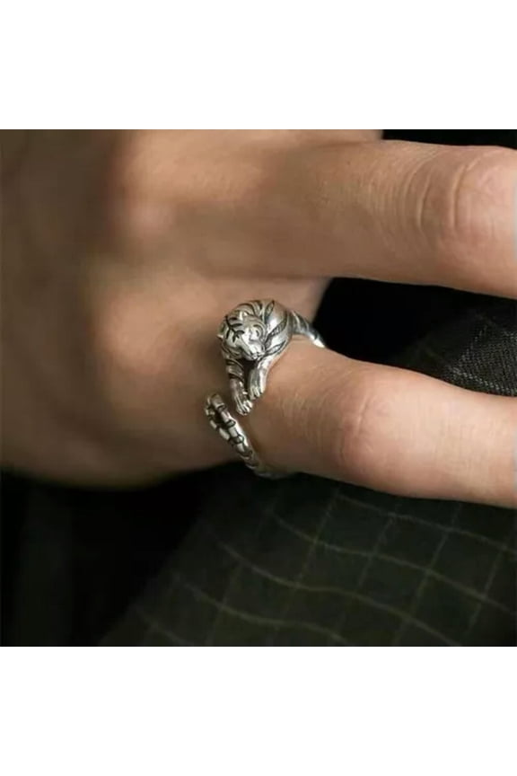 Fierce Tiger Adjustable Opening Ring Men And Women Vintage Animal Jewelry Gift-Silver-