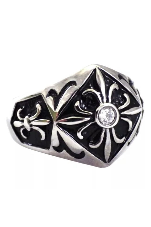 Fleur De Lis Signet Ring Cubic Zirconia Stainless Steel Band Sizes 9-15-12