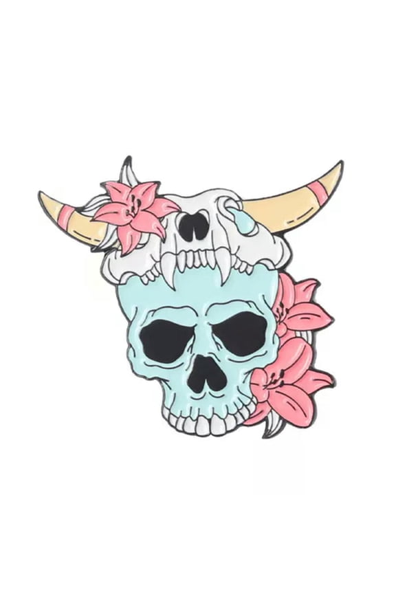 Flower Bush Skull Brooch Rose Skull Bull Head Brooch Colorful Punk Gothic Brooch-3