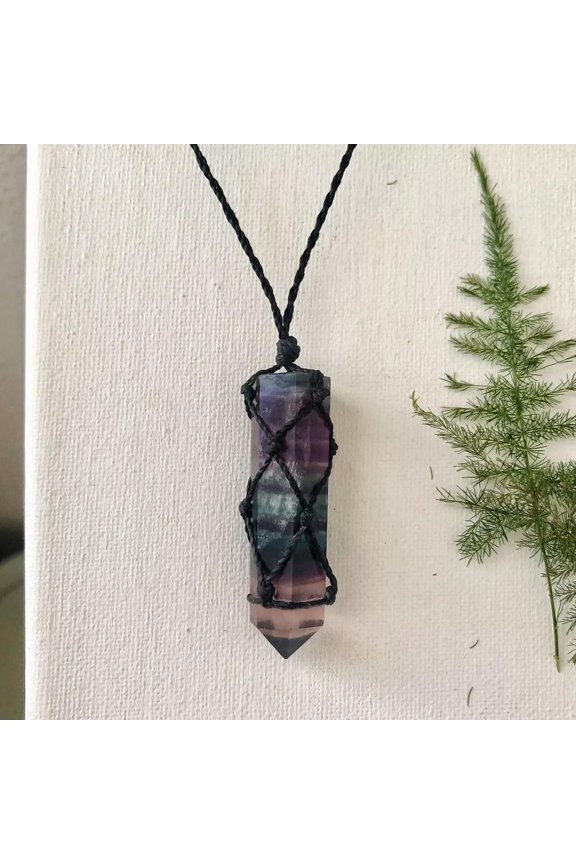 Fluorite Crystal Hexagonal Points Wrapped Pendant Healing Amulet Unisex Necklace