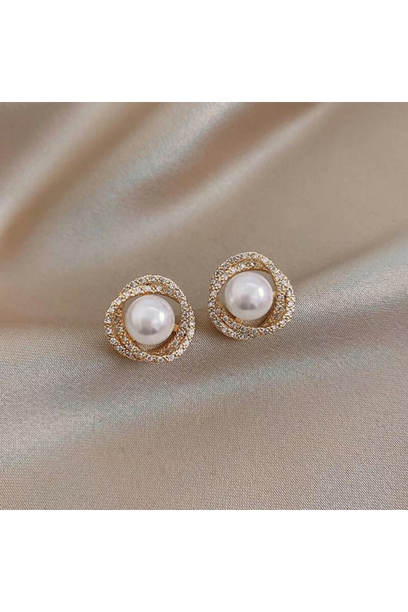 French Flash Diamond Spiral Pearl Ear Stud Silver Needle Gold Simple Earring WY4