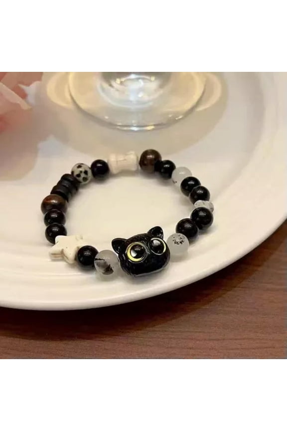 Funny Bone Cat Handmade Braided Bead Bracelet Adjustable Cute Jewelry Women Kid-Black Cat Bead Bracelet#3