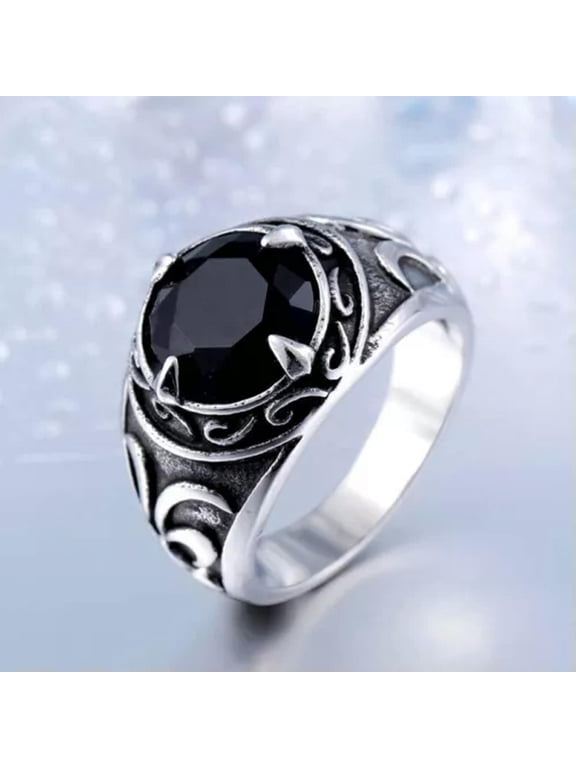 Gems Stone Carving Men Rings Stainless Steel Jewelry Vintage Punk Healing Stone-black-13