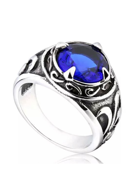 Gems Stone Carving Men Rings Stainless Steel Jewelry Vintage Punk Healing Stone-blue-11