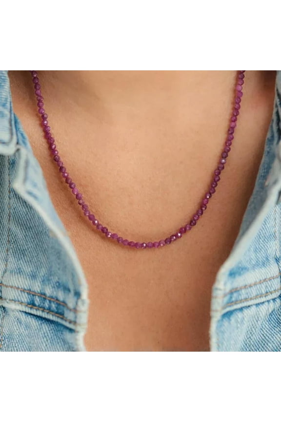 Gemstone Beaded Choker 2mm Ruby Crystal Beads Healing Reiki Women Necklace Gift