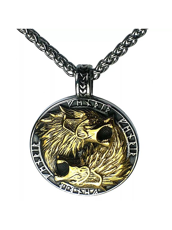 Geri Freki Viking Necklace Stainless Steel Helm of Awe Rune Wolf Norse Pendant