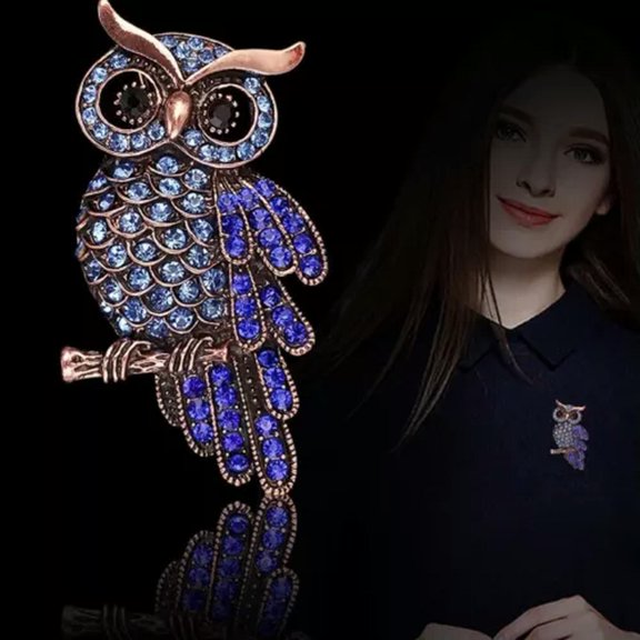 MATROOY Gift Classic Luxury Owl Bird Gold Tone Brooch Pin Blue Rhinestone Crystal