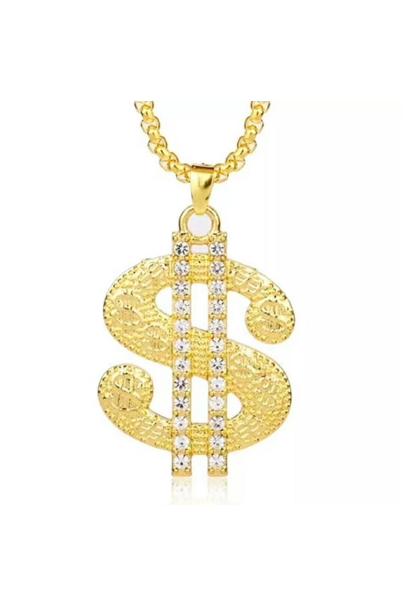 Gold CZ Dollar Pendant Necklace For Men Punk Hip Hop Rock Jewelry Chain 24"