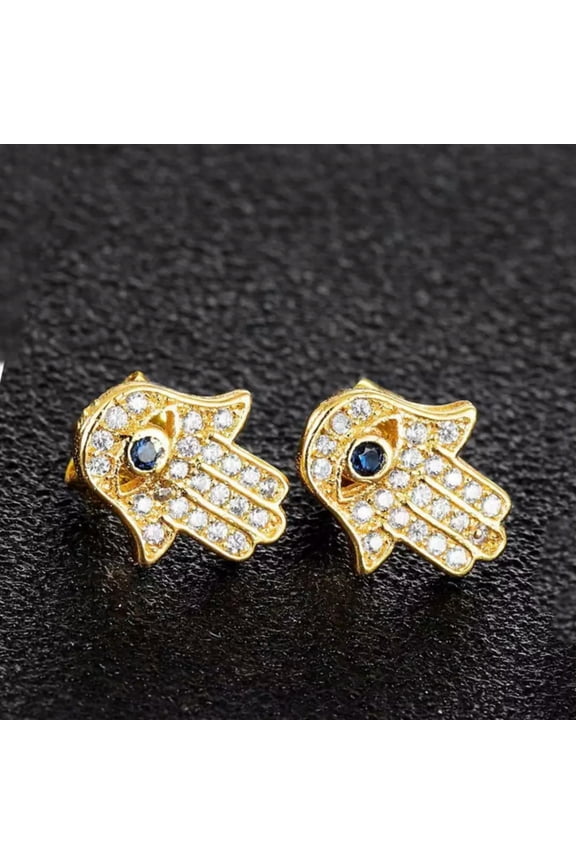 Gold CZ Evil Eye Hamsa Stud Earrings Punk Hip Hop Protection Jewelry Men Women