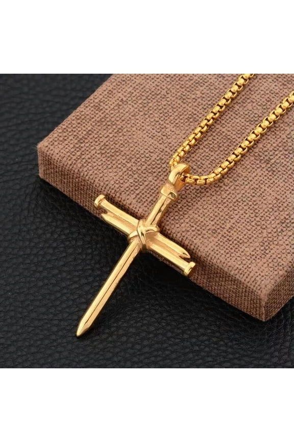 Gold Christ Jesus Nail Rope Cross Pendant Necklace Men's Jewelry Chain 24"