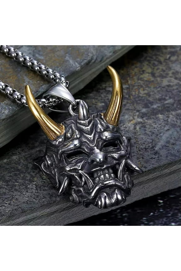 Gold Hannya Mask Pendant Necklace Chain Men's Punk Retro Rock Biker Jewelry Gift