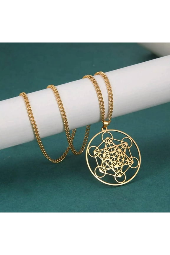 Gold Metatrons Cube Necklace Stainless Steel Sacred Geometry Pendant with Chain