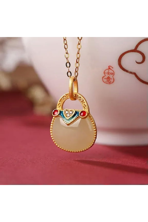 Gold Over 925 Sterling Silver With White Jade Lovely Bag Women Love Pendant